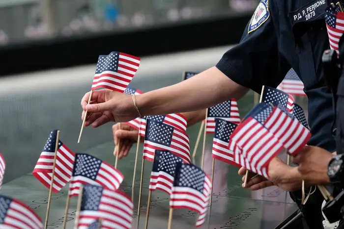 American flags at the reopening of the 9/11 Memorial on July 4th, 2020.